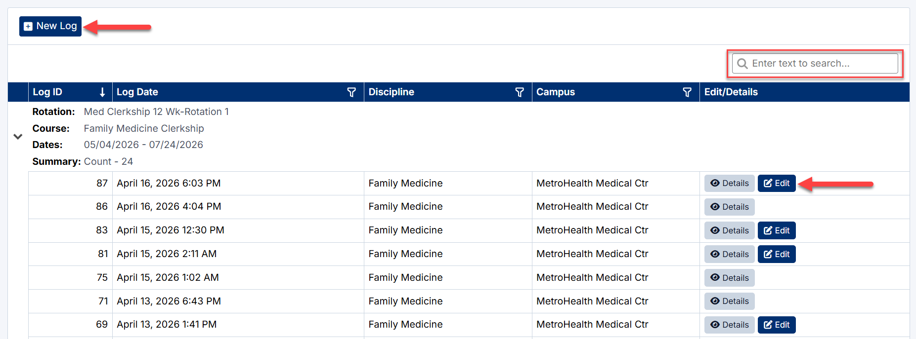 Patient Log Page Functions